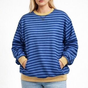 NEW Oversized Sweatshirt Striped Crewneck Pullover with Pockets‎ Blue/Tan #0787